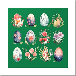 Easter Watercolor Eggs Flowers Posters and Art